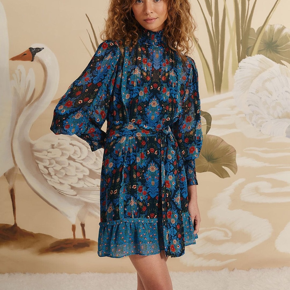 Farm Rio Blue Arabesque Floral High Neck Mini Dress